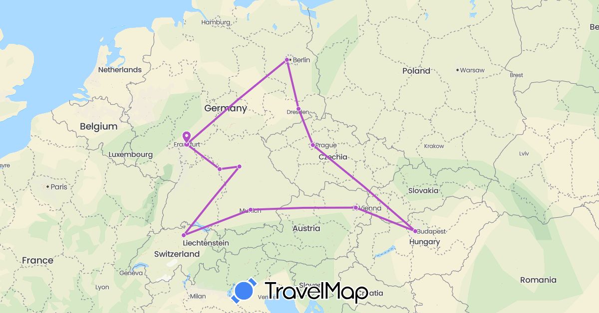 TravelMap itinerary: driving, train in Austria, Switzerland, Czech Republic, Germany, Hungary (Europe)